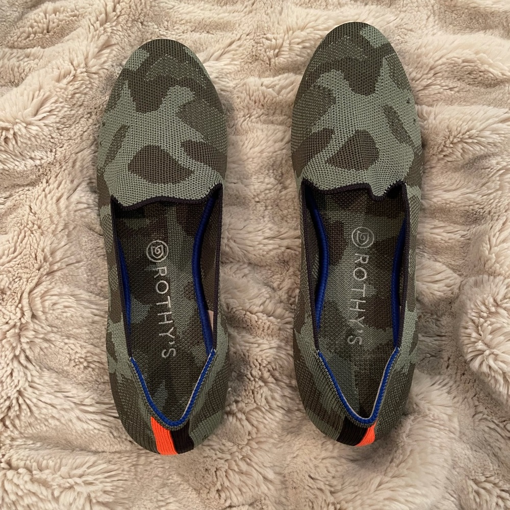 New Rothy’s “The Loafer” flat in Olive Camo.